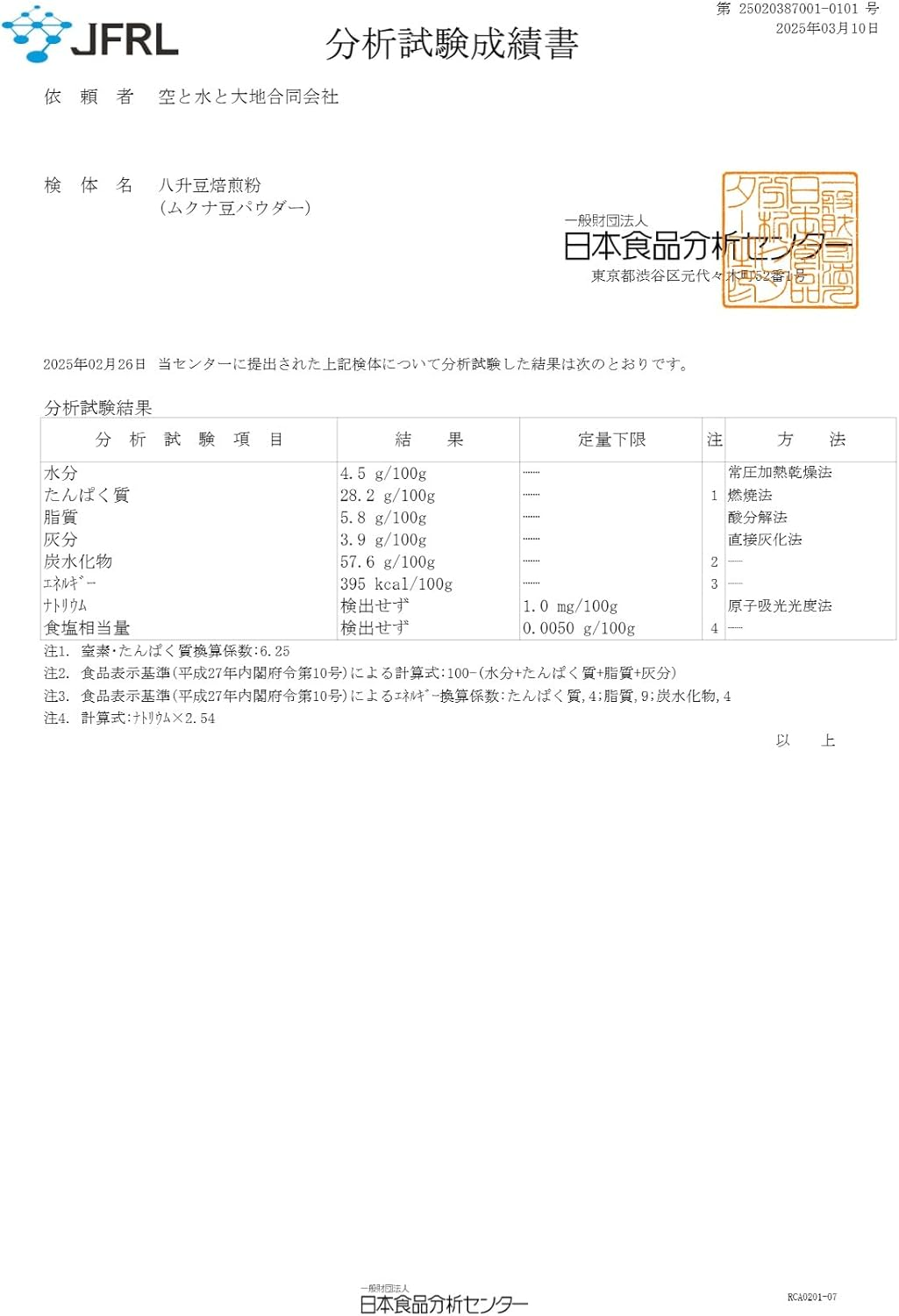 一般社団法人日本食品分析センターの分析結果